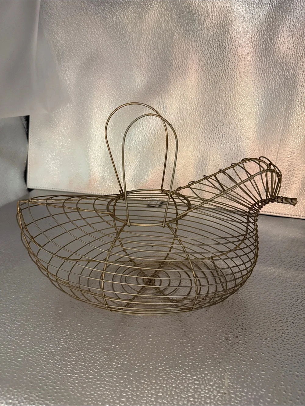 Vintage Bird Silhouette Gold Wire Basket  with dual loop Handles
